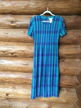 Vintage Plaid Modest Miss Dorby Linen Blend Cottagecore Prairie Maxi Dress SZ 14